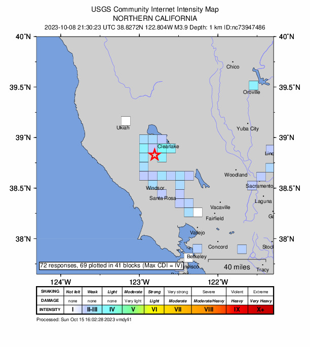 USGS DYFI community-reported intensity map for the M3.9 earthquake near 7 km NW of The Geysers, CA