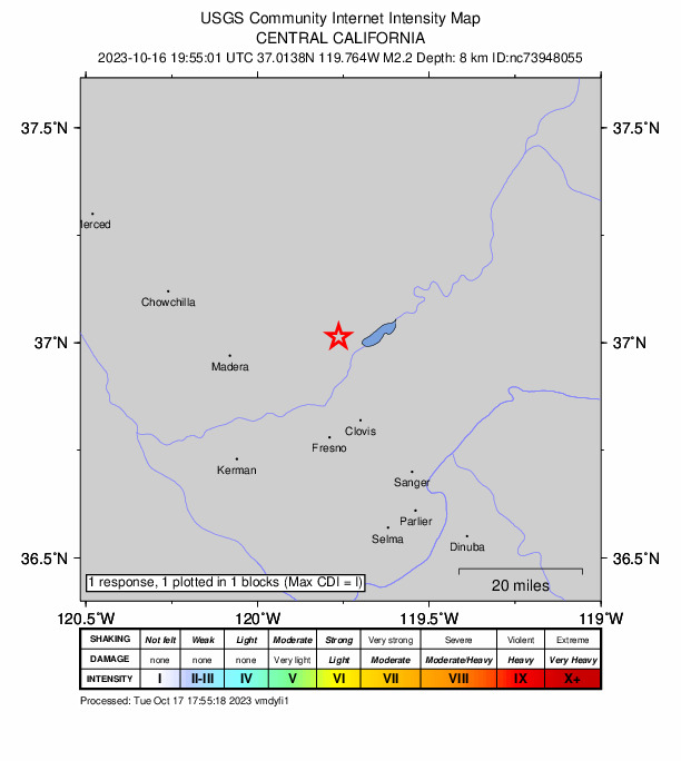 USGS DYFI community-reported intensity map for the M2.2 earthquake near 5 km NW of Friant, CA
