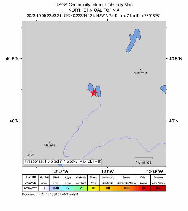 USGS DYFI community-reported intensity map for the M2.4 earthquake near 2 km NE of Prattville, CA