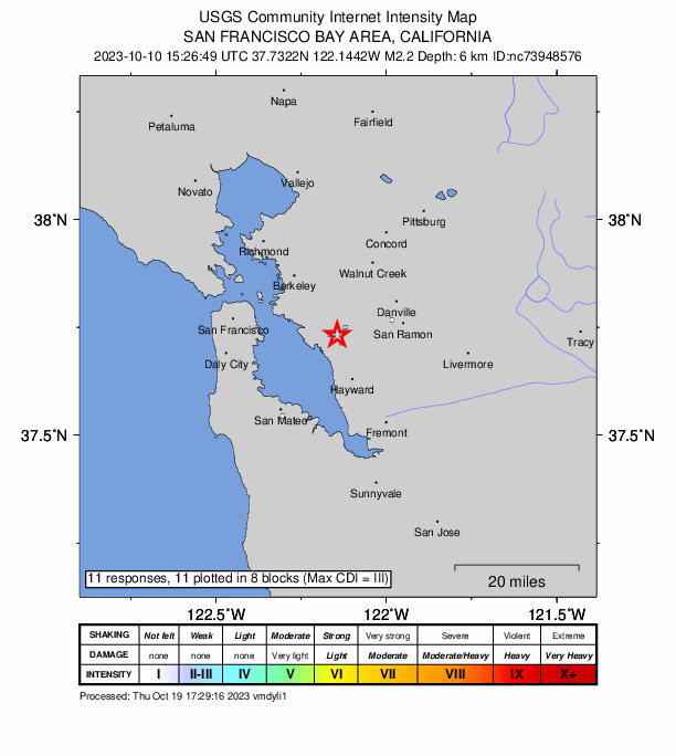 USGS DYFI community-reported intensity map for the M2.2 earthquake near 1 km NE of San Leandro, CA