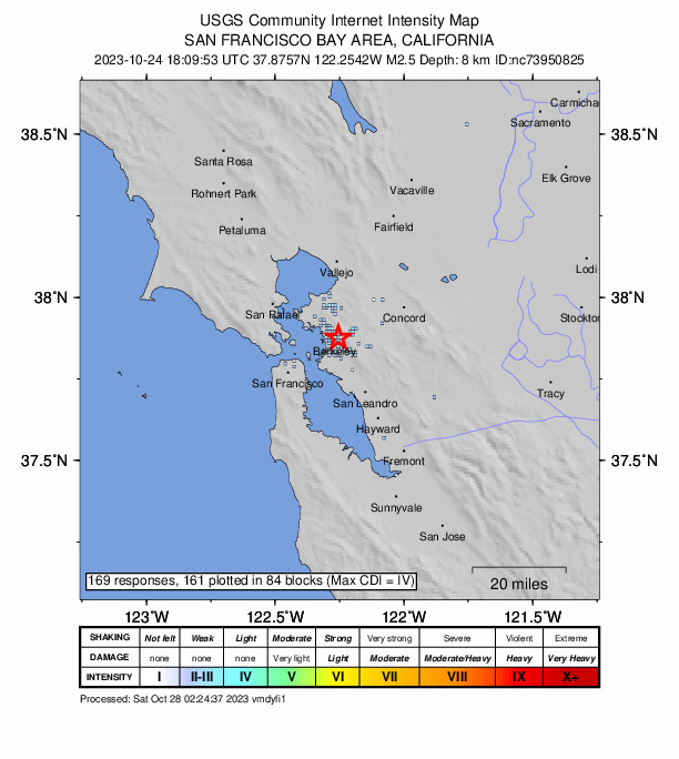 USGS DYFI community-reported intensity map for the M2.5 earthquake near 2 km ENE of Berkeley, CA