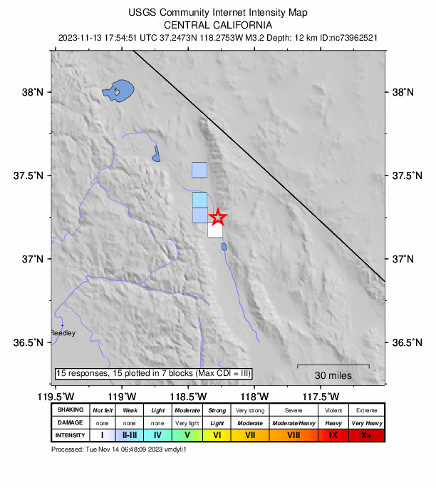 USGS DYFI community-reported intensity map for the M3.2 earthquake near 9 km N of Big Pine, CA
