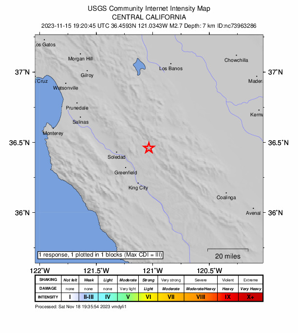 USGS DYFI community-reported intensity map for the M2.7 earthquake near 13 km SE of Pinnacles, CA
