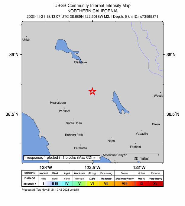 USGS DYFI community-reported intensity map for the M2.1 earthquake near 12 km SE of Middletown, CA