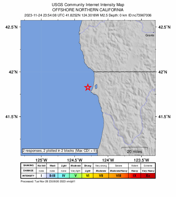 USGS DYFI community-reported intensity map for the M2.5 earthquake near 11 km NW of Crescent City, CA
