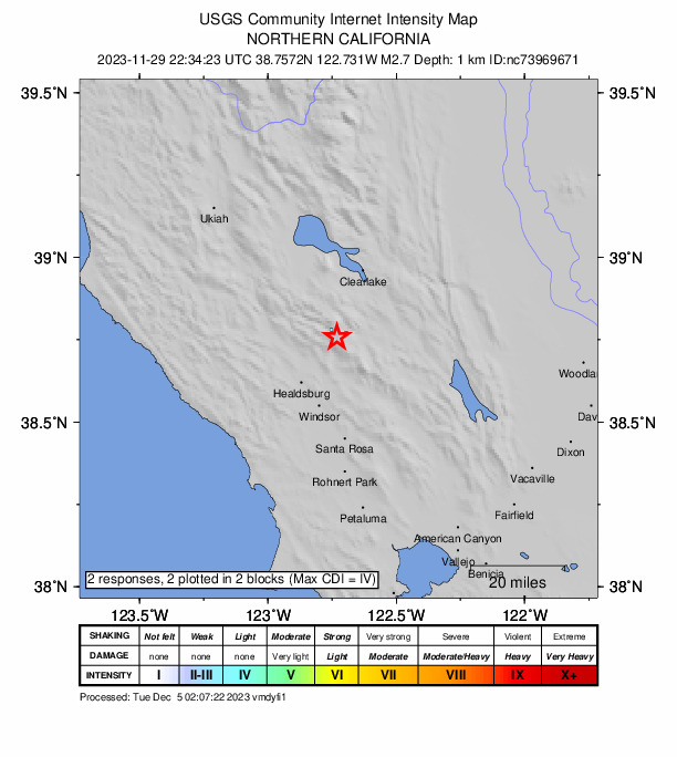 USGS DYFI community-reported intensity map for the M2.7 earthquake near 3 km SE of The Geysers, CA