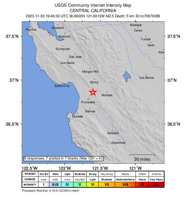 USGS DYFI community-reported intensity map for the M2.5 earthquake near 5 km SE of Aromas, CA