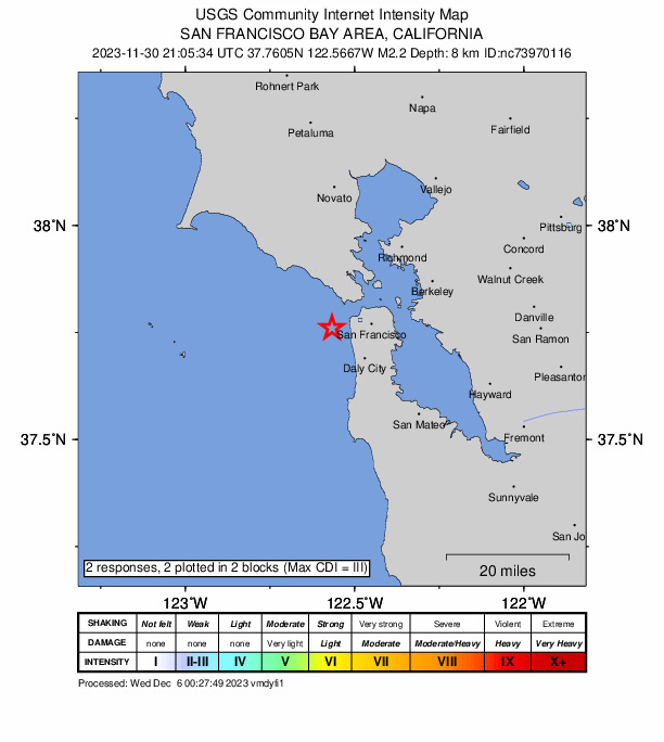 USGS DYFI community-reported intensity map for the M2.2 earthquake near 6 km WNW of San Francisco Zoo, CA