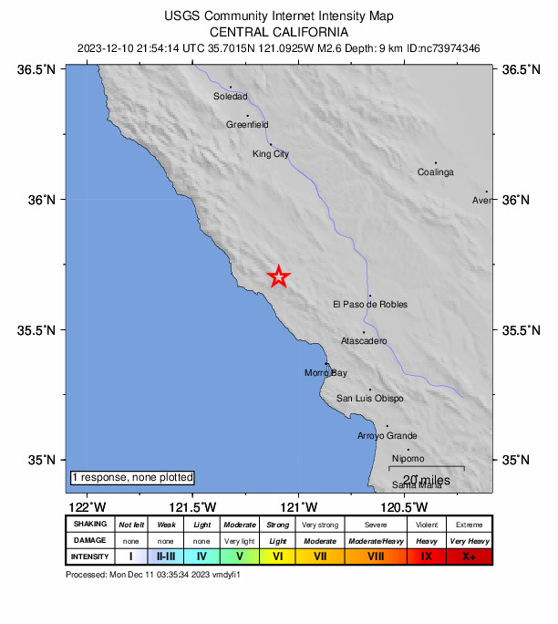 USGS DYFI community-reported intensity map for the M2.6 earthquake near 11 km NE of San Simeon, CA