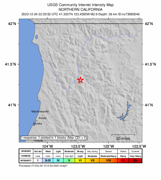 USGS DYFI community-reported intensity map for the M2.9 earthquake near 8 km S of Somes Bar, CA