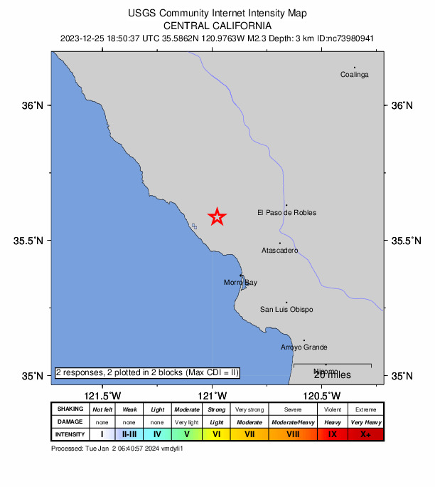 USGS DYFI community-reported intensity map for the M2.3 earthquake near 10 km ENE of Cambria, CA