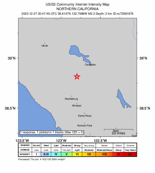 USGS DYFI community-reported intensity map for the M2.3 earthquake near 6 km NW of The Geysers, CA
