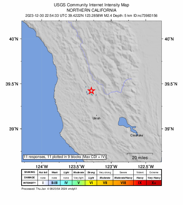 USGS DYFI community-reported intensity map for the M2.4 earthquake near 6 km ENE of Willits, CA