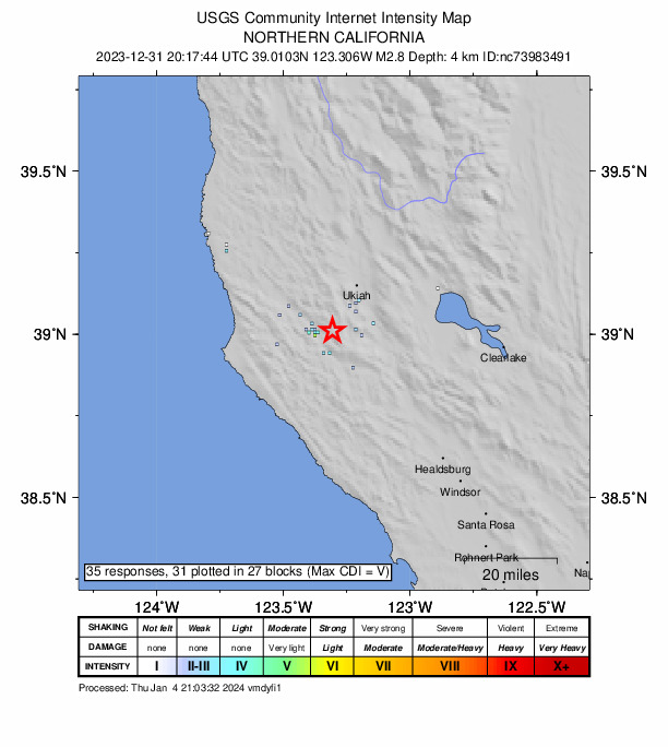 USGS DYFI community-reported intensity map for the M2.8 earthquake near 5 km E of Boonville, CA