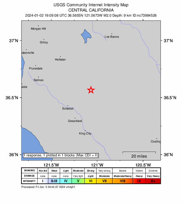 USGS DYFI community-reported intensity map for the M2.0 earthquake near 8 km ENE of Pinnacles, CA