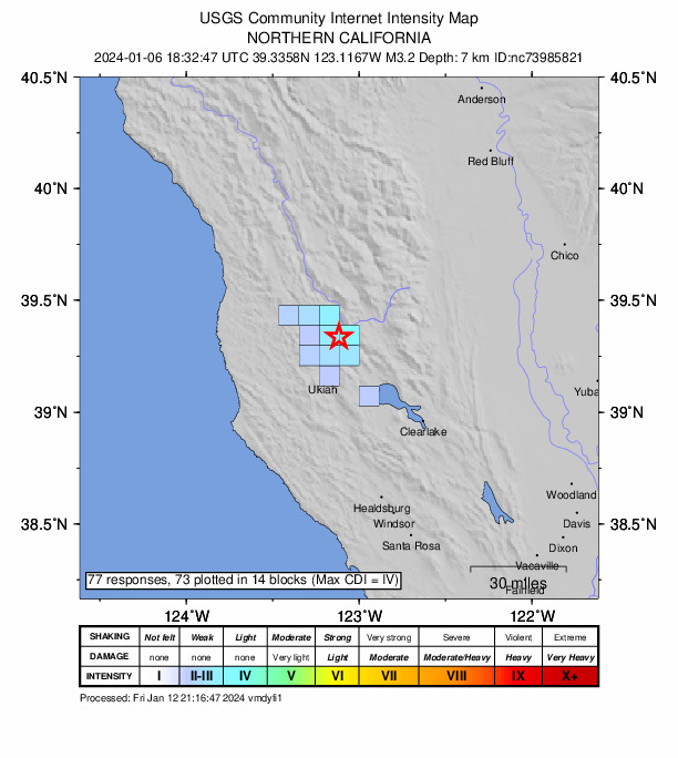 USGS DYFI community-reported intensity map for the M3.2 earthquake near 11 km NE of Redwood Valley, CA