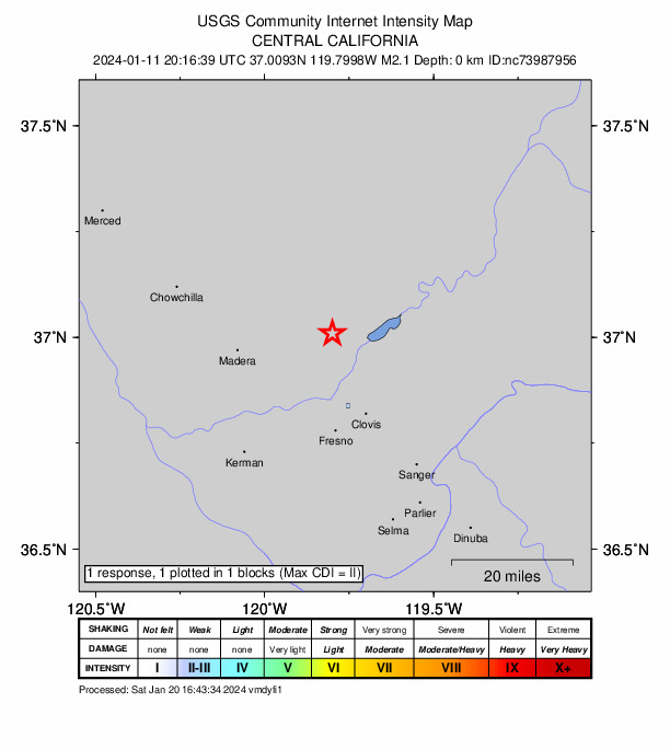 USGS DYFI community-reported intensity map for the M2.1 earthquake near 7 km ENE of Bonadelle Ranchos-Madera Ranchos, CA