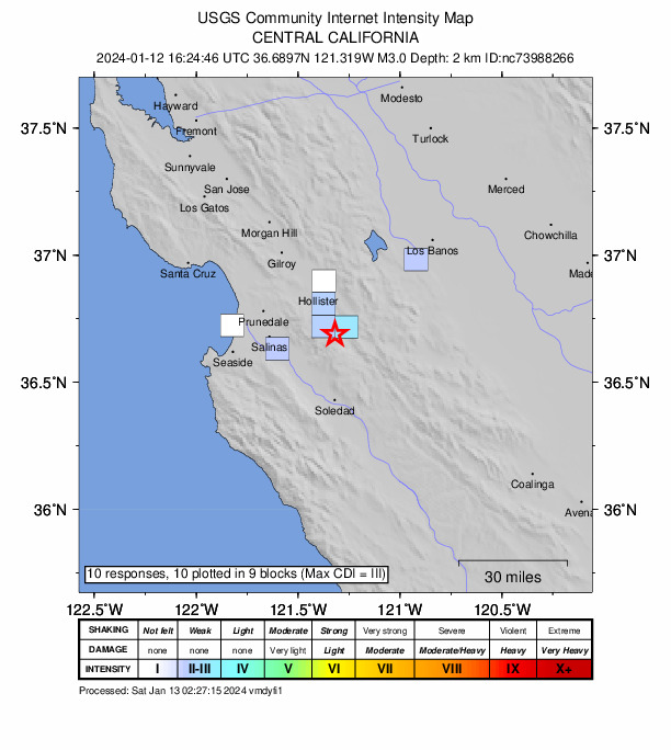 USGS DYFI community-reported intensity map for the M3.0 earthquake near 11 km S of Tres Pinos, CA