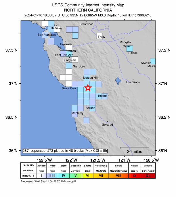 USGS DYFI community-reported intensity map for the M3.3 earthquake near 5 km ESE of Interlaken, CA