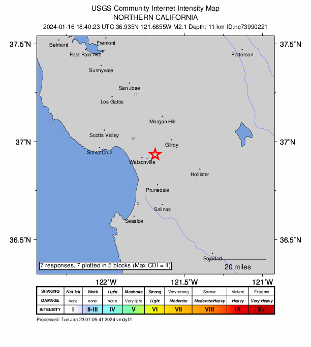 USGS DYFI community-reported intensity map for the M2.1 earthquake near 5 km ESE of Interlaken, CA