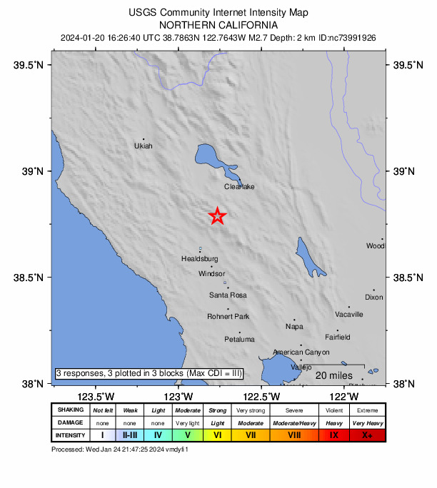 USGS DYFI community-reported intensity map for the M2.7 earthquake near 1 km NW of The Geysers, CA
