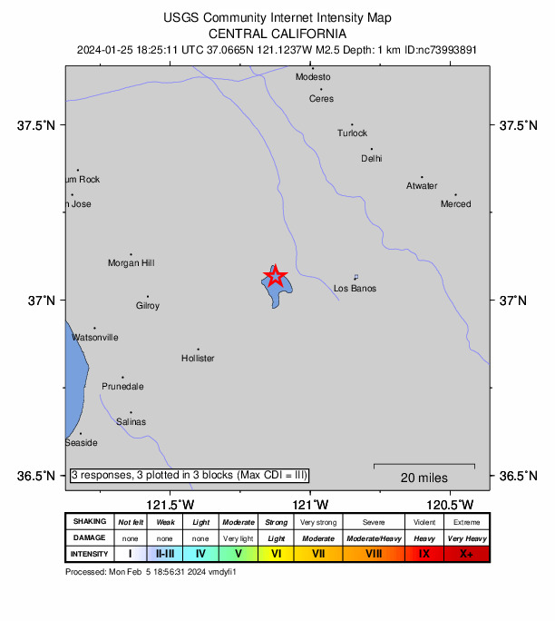 USGS DYFI community-reported intensity map for the M2.5 earthquake near 24 km SSW of Gustine, CA