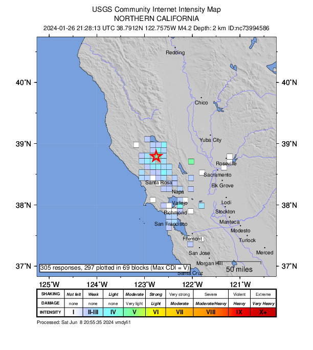 USGS DYFI community-reported intensity map for the M4.2 earthquake near 2 km N of The Geysers, CA