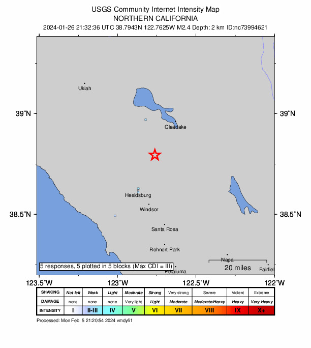 USGS DYFI community-reported intensity map for the M2.4 earthquake near 2 km NNW of The Geysers, CA