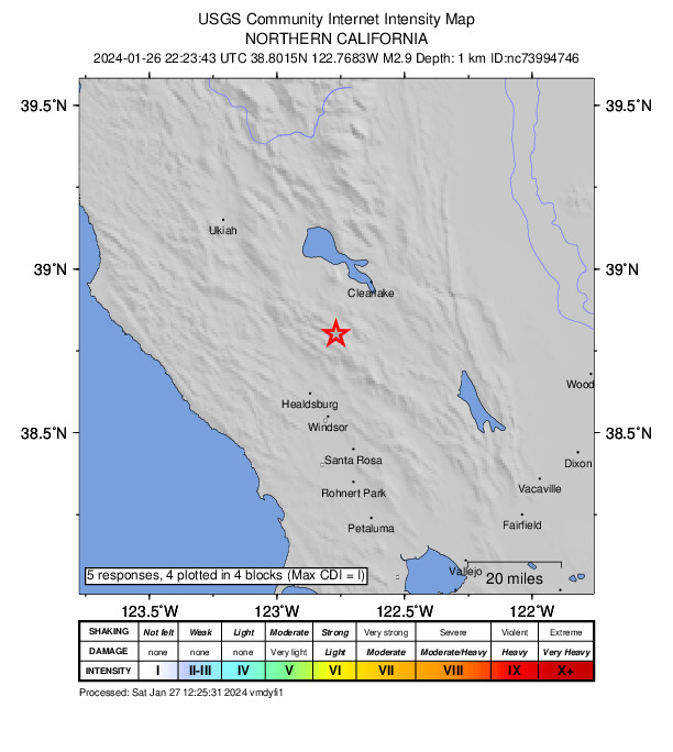 USGS DYFI community-reported intensity map for the M2.9 earthquake near 3 km NNW of The Geysers, CA