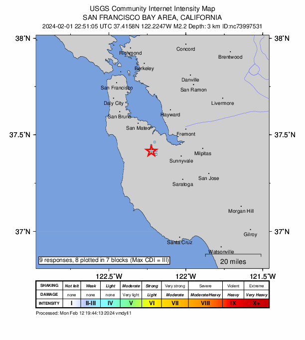 USGS DYFI community-reported intensity map for the M2.2 earthquake near 3 km ESE of Woodside, CA