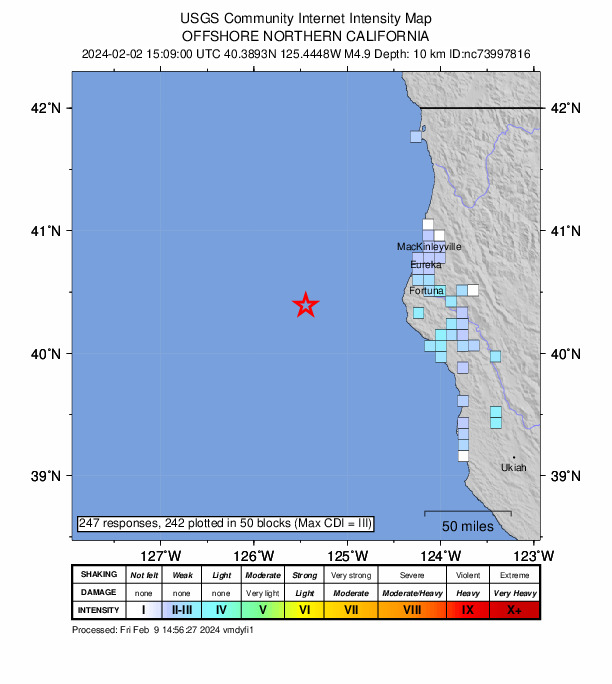 USGS DYFI community-reported intensity map for the M4.9 earthquake near 98 km W of Petrolia, CA