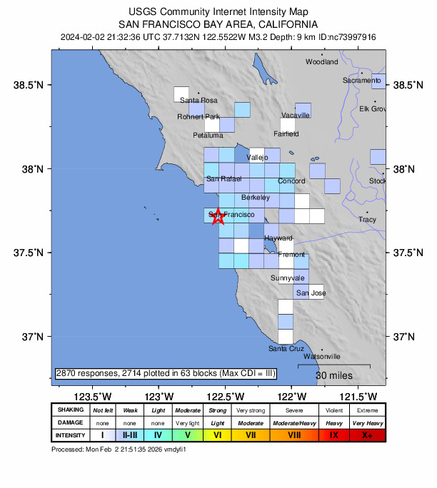 USGS DYFI community-reported intensity map for the M3.2 earthquake near 5 km WSW of San Francisco Zoo, CA