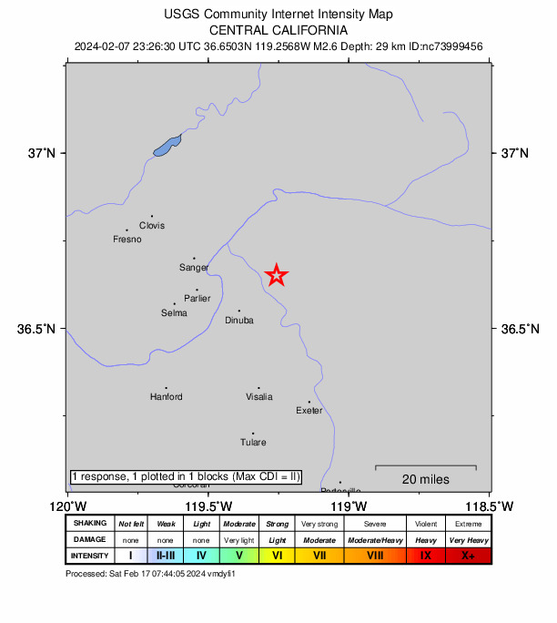USGS DYFI community-reported intensity map for the M2.6 earthquake near 6 km ENE of Orange Cove, CA