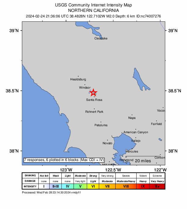 USGS DYFI community-reported intensity map for the M2.0 earthquake near 4 km N of Santa Rosa, CA