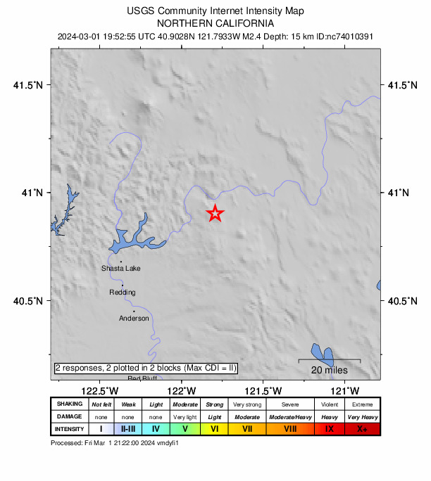 USGS DYFI community-reported intensity map for the M2.4 earthquake near 11 km WNW of Burney, CA