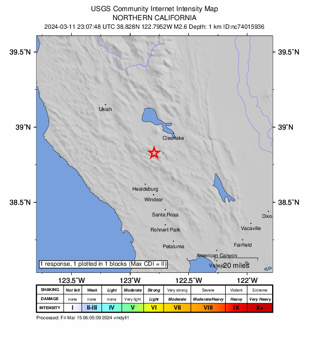 USGS DYFI community-reported intensity map for the M2.6 earthquake near 6 km W of Cobb, CA