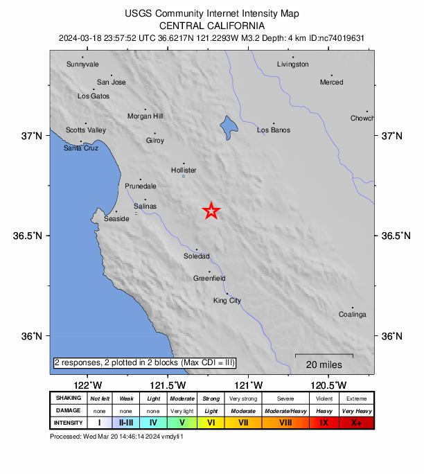USGS DYFI community-reported intensity map for the M3.2 earthquake near 13 km NW of Pinnacles, CA