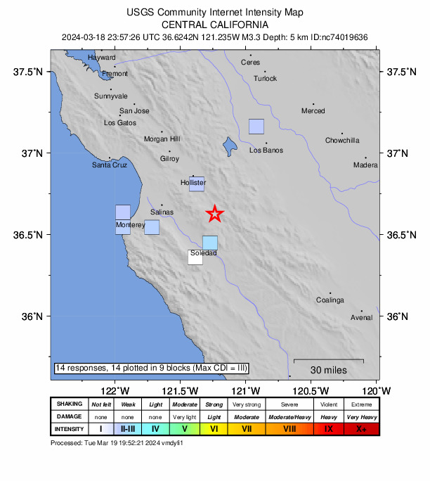 USGS DYFI community-reported intensity map for the M3.3 earthquake near 13 km NW of Pinnacles, CA