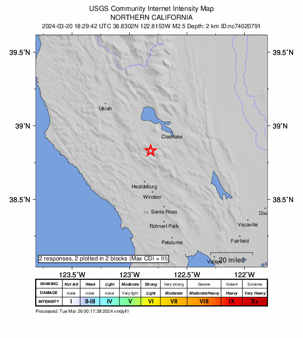 USGS DYFI community-reported intensity map for the M2.5 earthquake near 8 km NW of The Geysers, CA