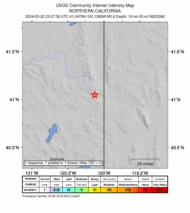 USGS DYFI community-reported intensity map for the M2.6 earthquake near 18 km SW of Reederville, NV