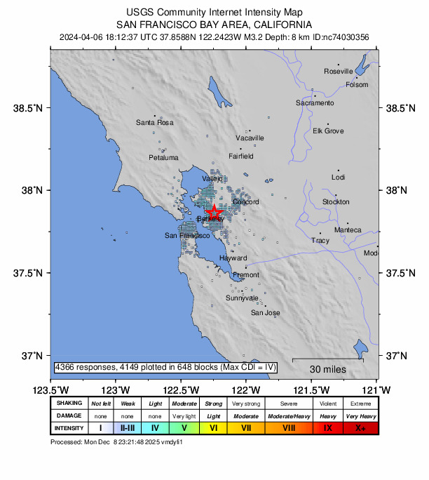 USGS DYFI community-reported intensity map for the M3.2 earthquake near 3 km ESE of Berkeley, CA
