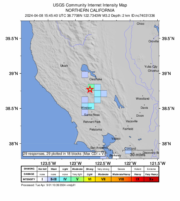USGS DYFI community-reported intensity map for the M3.2 earthquake near 2 km ESE of The Geysers, CA