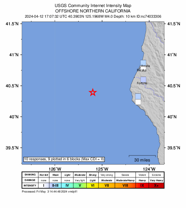 USGS DYFI community-reported intensity map for the M4.0 earthquake near 78 km WNW of Petrolia, CA