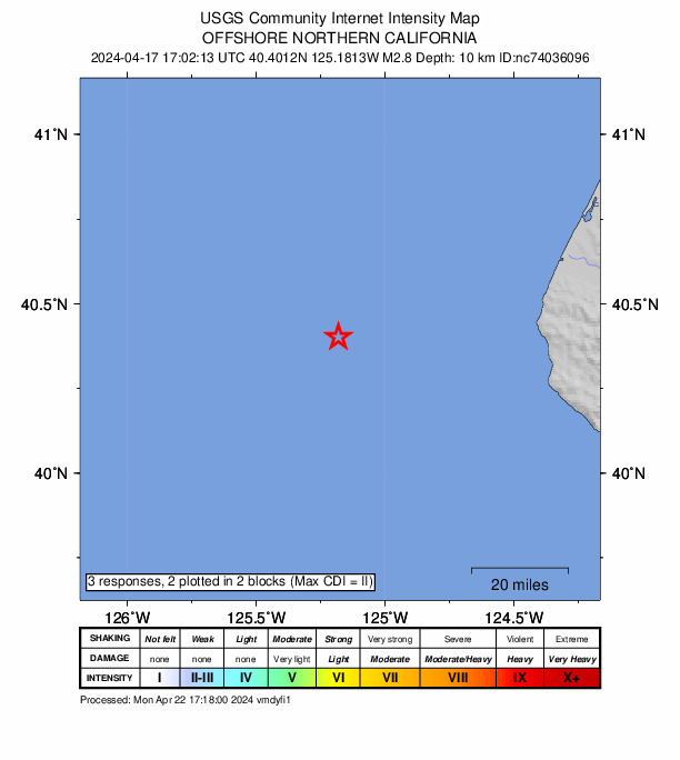 USGS DYFI community-reported intensity map for the M2.8 earthquake near 76 km W of Petrolia, CA