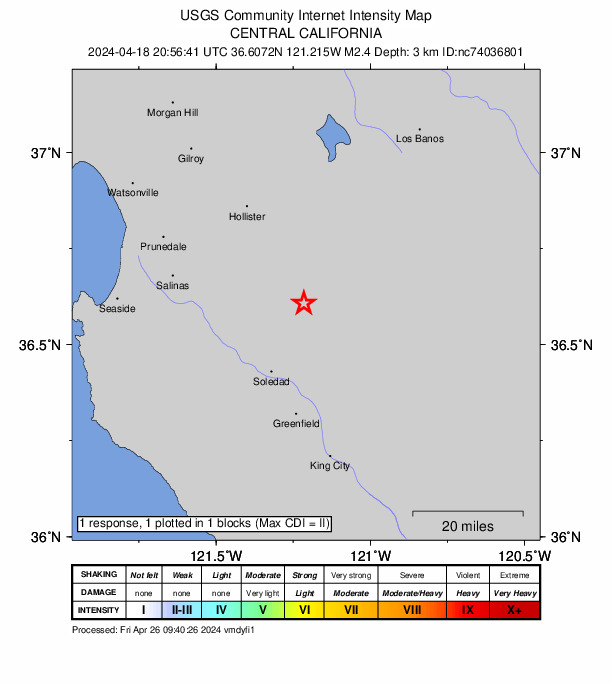 USGS DYFI community-reported intensity map for the M2.4 earthquake near 11 km NW of Pinnacles, CA