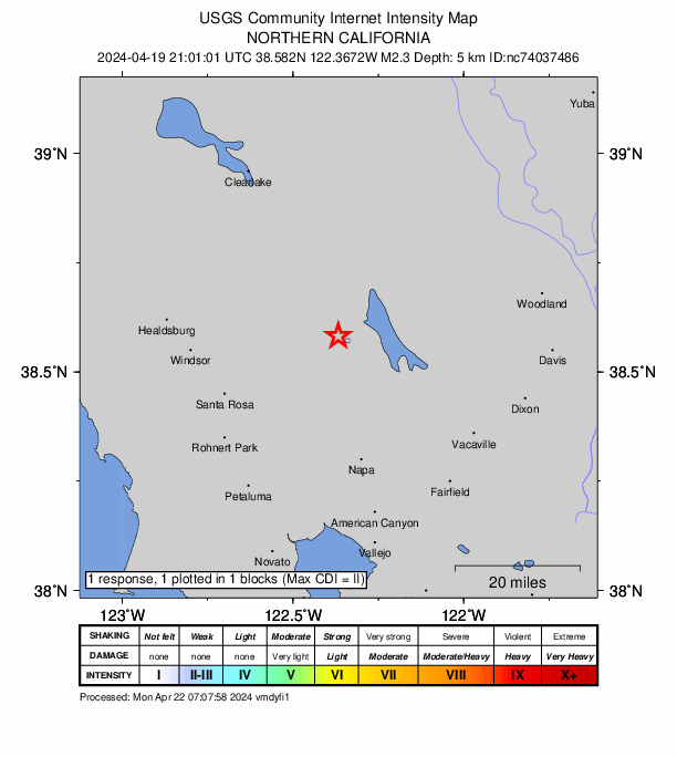 USGS DYFI community-reported intensity map for the M2.3 earthquake near 7 km E of Angwin, CA