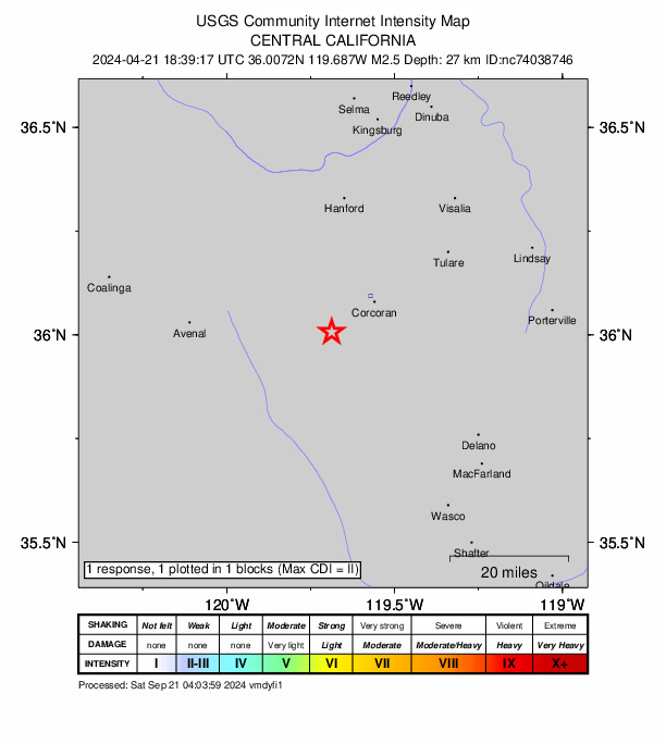 USGS DYFI community-reported intensity map for the M2.5 earthquake near 15 km SW of Corcoran, CA