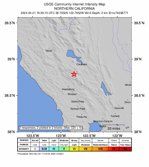 USGS DYFI community-reported intensity map for the M2.6 earthquake near 2 km NNW of The Geysers, CA