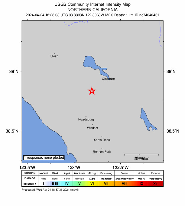 USGS DYFI community-reported intensity map for the M2.0 earthquake near 7 km W of Cobb, CA