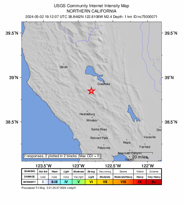 USGS DYFI community-reported intensity map for the M2.4 earthquake near 8 km WNW of Cobb, CA